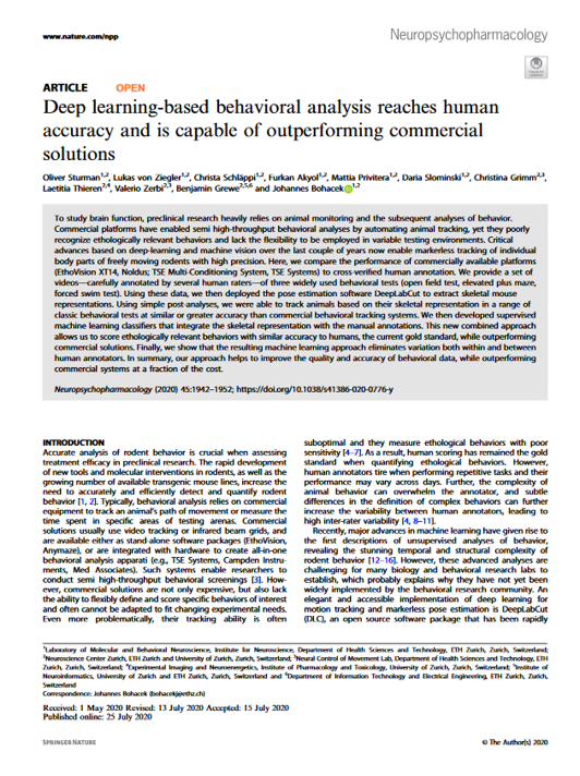 Deep learning-based behavioral analysis reaches human accuracy and is capable of outperforming commercial solutions.