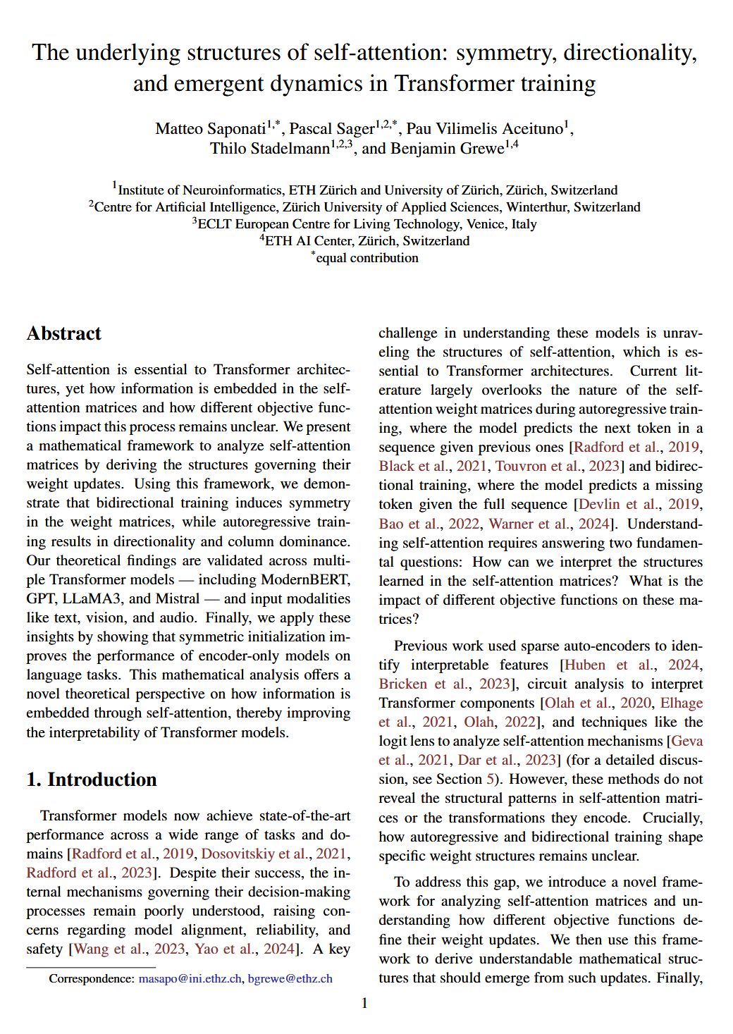 The underlying structures of self-attention: symmetry, directionality, and emergent dynamics in Transformer training
