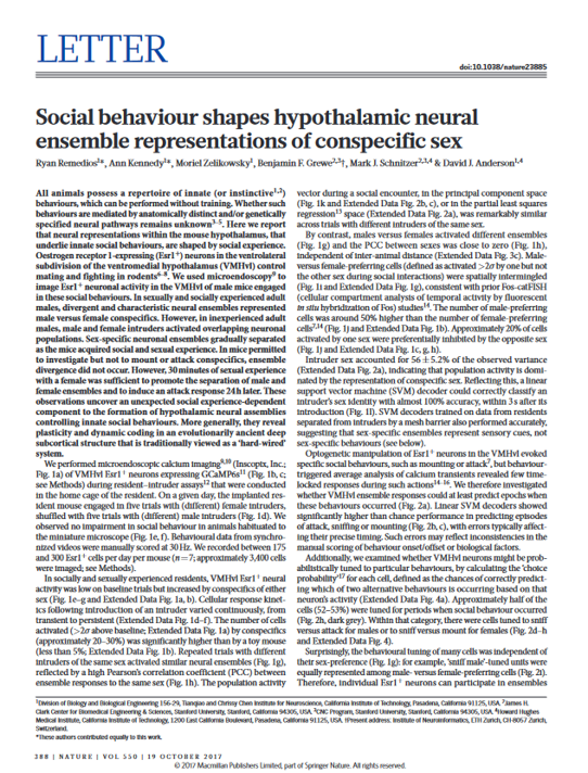 Social Behavior shapes hypothalamic neural ensemble representations of conspecific sex.