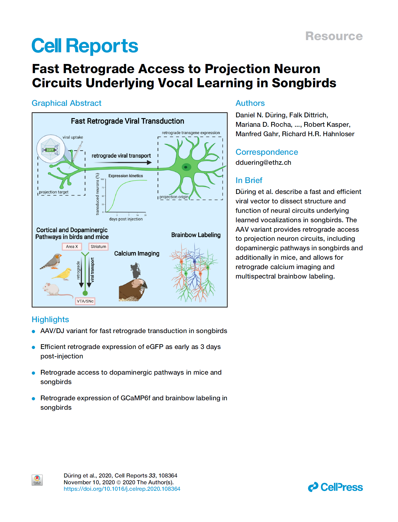 Fast retrograde access to projection neuron circuits underlying vocal learning in songbirds.