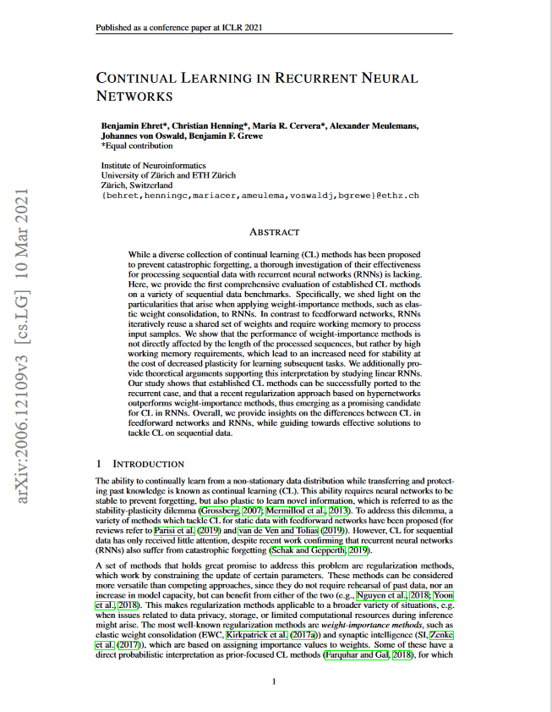 Continual Learning in Recurrent Neural Networks