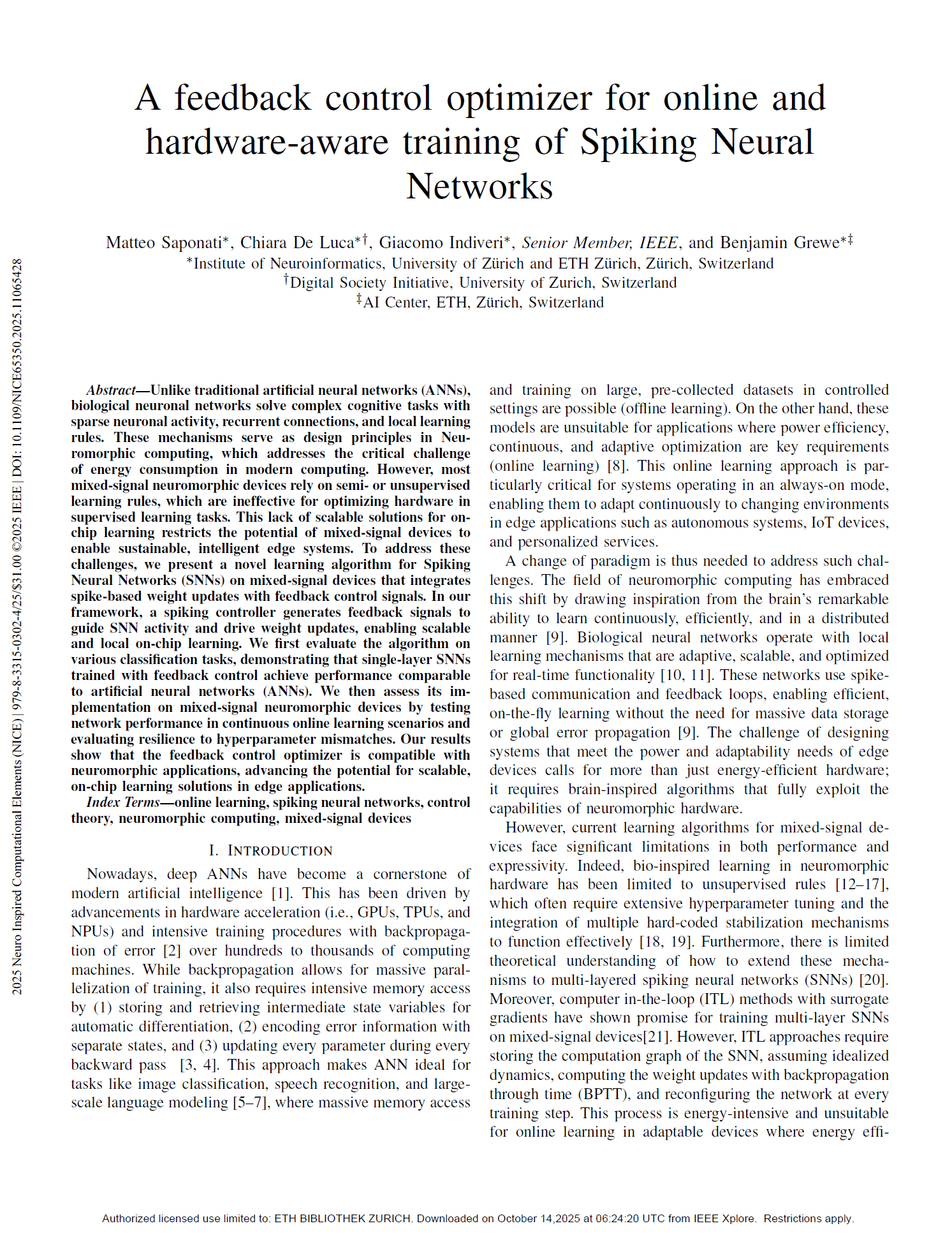 A feedback control optimizer for online and hardware-aware training of Spiking Neural Networks