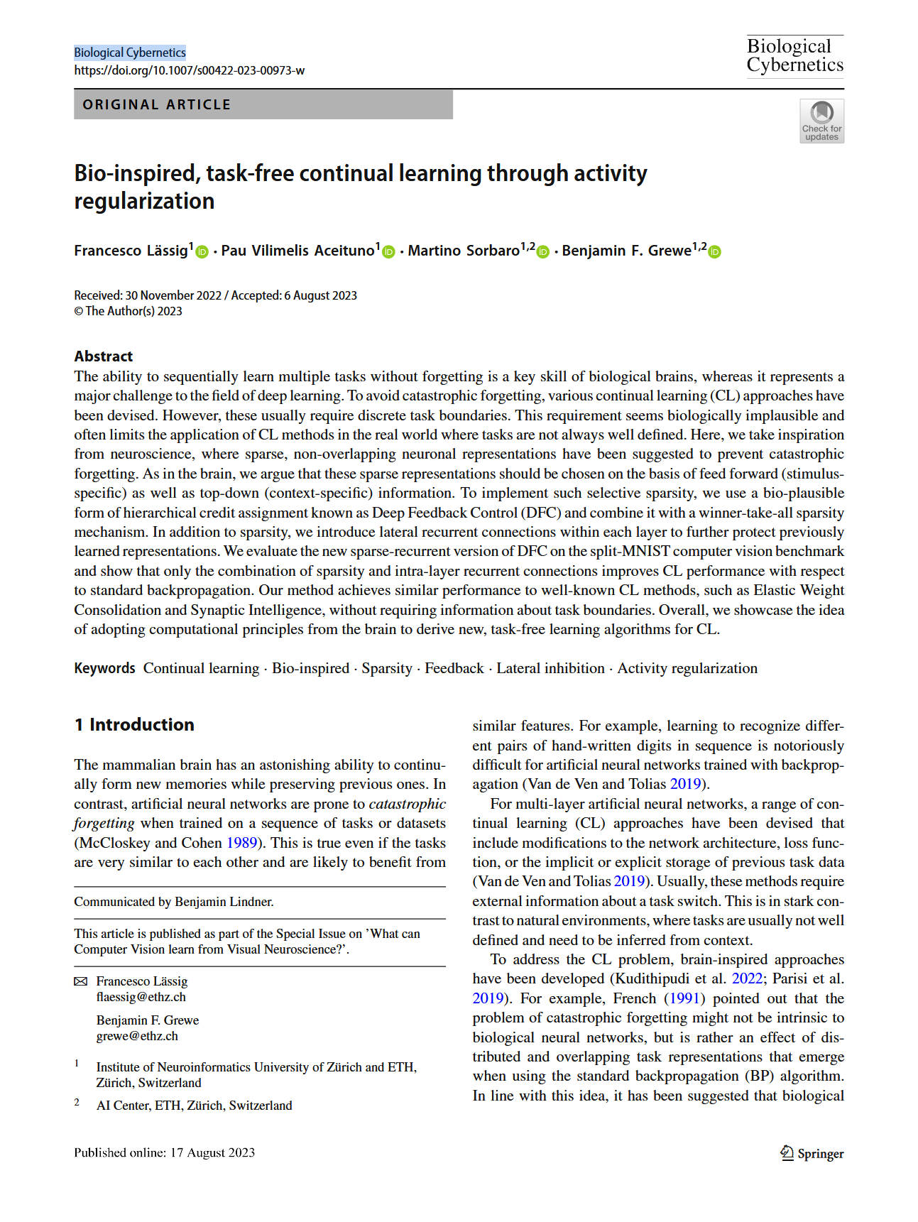 Bio-inspired, task-free continual learning through activity regularization.