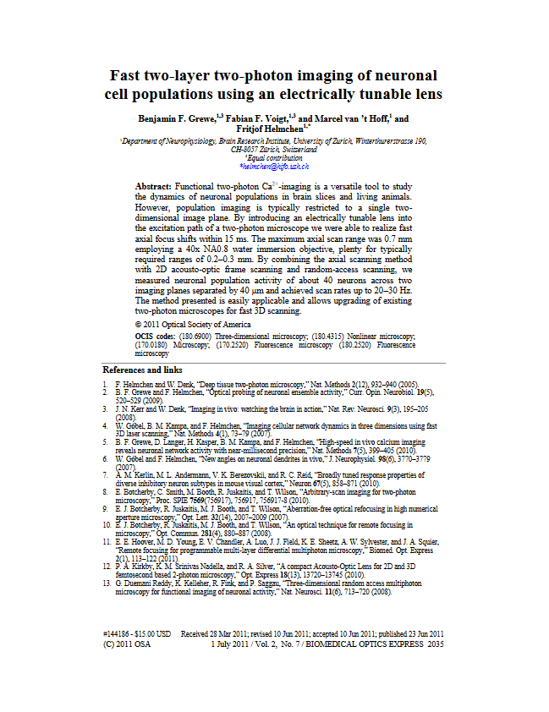 Fast two-layer two-photon imaging of neuronal cell populations using an electrically tunable lens.